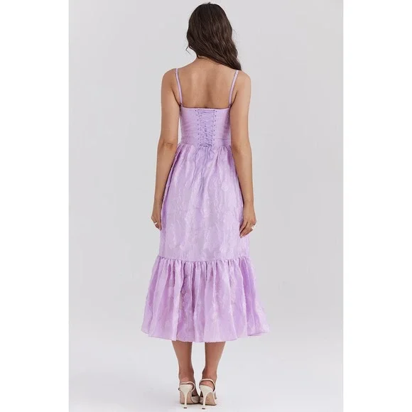 House of CB NWT Mira Orchid Floral Jacquard Tiered Lilac Midi Dress Size XS - Picture 4 of 12